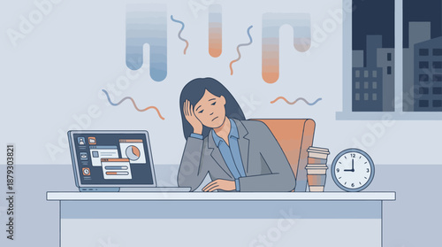 A tired and stressed businesswoman working late at her desk in an office, surrounded by tasks and a laptop displaying data.