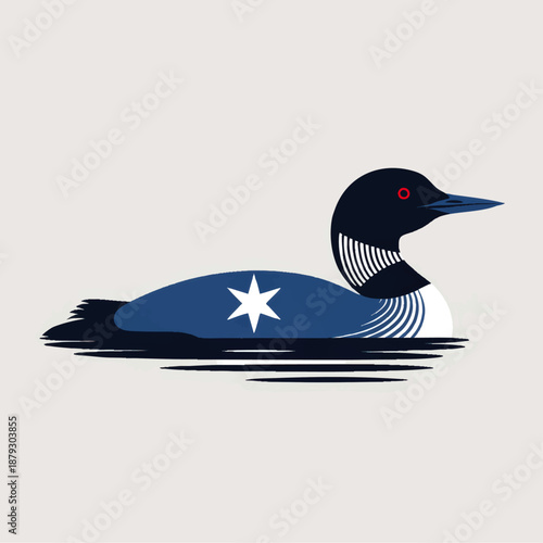 Minimalist common loon illustration with blue body star symbol, modern flat bird art on light background, wildlife lake decor vector