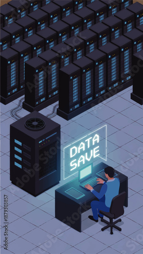 Isometric data center with IT engineer saving data on laptop in dark server room, neon cybersecurity backup and cloud storage concept