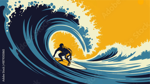 Dynamic surfer riding giant wave at sunrise, retro ocean sport illustration in bold blue and yellow graphic art style