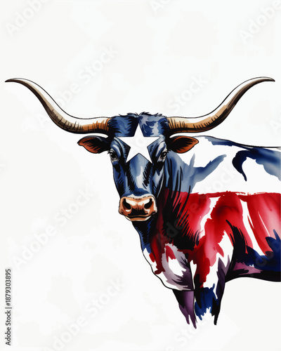 Texas longhorn bull illustration in red blue watercolor style with star emblem on head isolated o