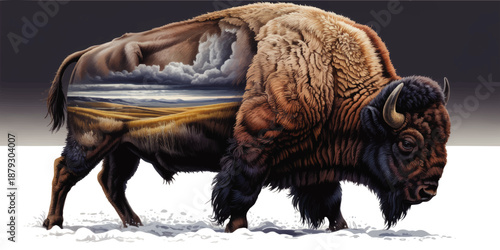 Majestic bison double exposure illustration with stormy prairie landscape, wildlife conservation art on gradient winter background