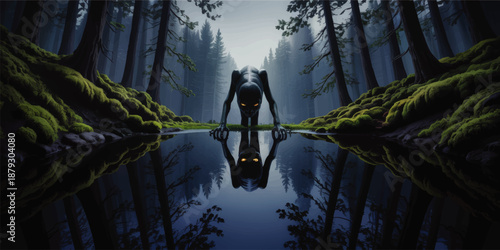 Creepy creature with glowing eyes reflected in dark forest lake, eerie mossy woods horror fantasy illustration, atmospheric night scene