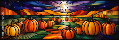 Vibrant stained glass pumpkin field under full moon and starry autumn sky, colorful fall harvest landscape illustration