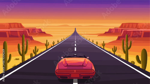 Sports car driving on desert highway at sunset, long straight road through cactus landscape and canyon mountains, road trip illustration