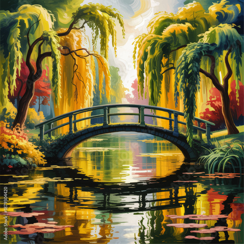 Vibrant impressionist garden bridge over reflective pond with willow trees, colorful foliage and serene sunset landscape illustration