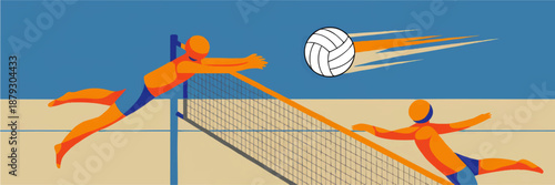 Dynamic beach volleyball match illustration with athletes diving for ball over net on sunny sand court, flat colorful sports art