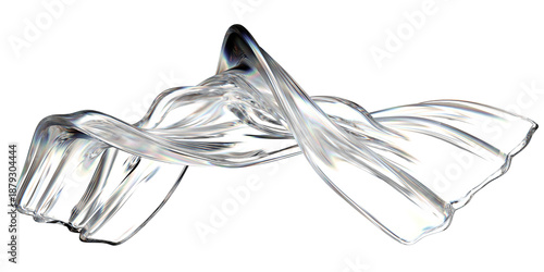Abstract flowing transparent glass sculpture with iridescent light reflections creating a dynamic wavy form against a solid isolated background.