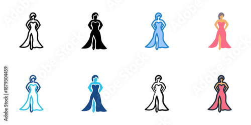 Evening Gown icons set multiple style collection. Editable stroke 

