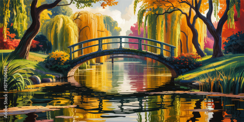 Colorful autumn park landscape with arched bridge over reflective pond, vibrant trees, willow foliage and serene nature scenery illustration