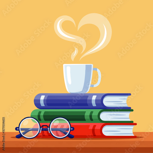 Cozy reading illustration with coffee cup, heart shaped steam, stacked colorful books and glasses on warm pastel background