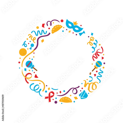 Purim celebration wreath with festive symbols and colorful confetti and streamers