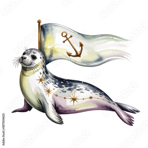 Nautical fantasy seal illustration with constellation stars and anchor flag, whimsical marine zodiac animal watercolor art