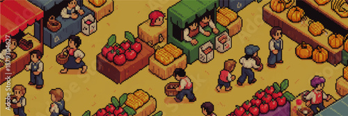 Colorful pixel art farmers market with people shopping for fresh fruits vegetables pumpkins and harvest produce on sunny day