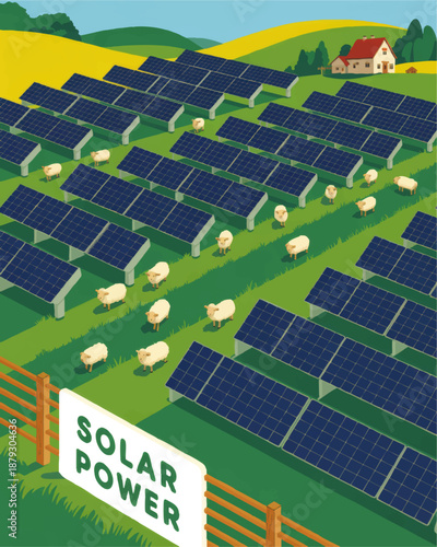 Solar farm with grazing sheep in green countryside landscape, clean renewable energy illustration, sustainable agriculture concept