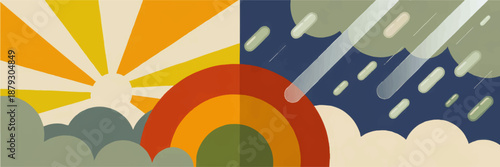 Abstract sunrise and rainstorm split scene, colorful retro weather illustration with sun rays, rainbow, clouds and falling raindrops