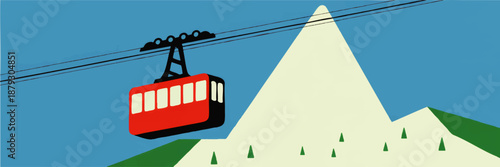 Red cable car over snowy mountain peak illustration, minimalist winter ski resort travel poster with bright blue sky