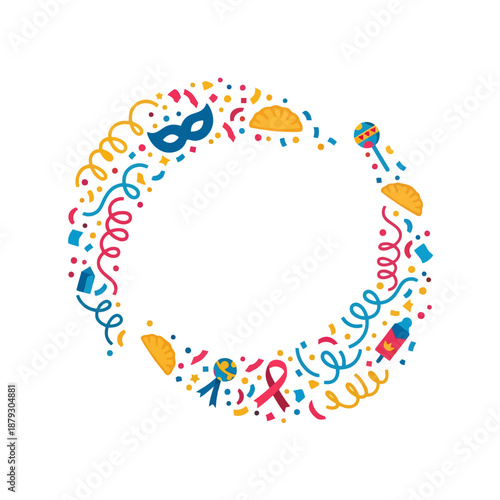 Circular arrangement of Purim festival elements and confetti for festive invitations
