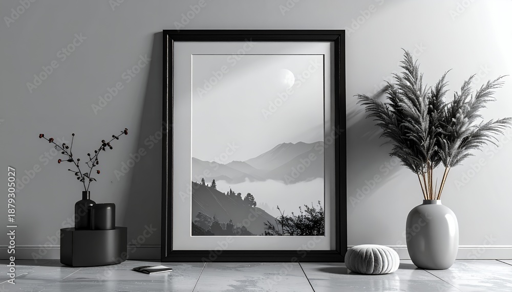 Fototapeta premium Minimalist Interior Decor with Framed Mountain Print and Vases.