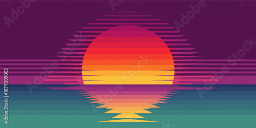 Vibrant retro sunset over ocean, vaporwave synthwave background with neon gradient sun reflection and futuristic horizon