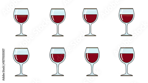 Set of Wine Glasses with Red Wine - Vector Illustration