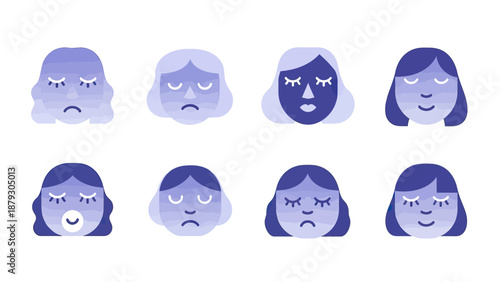 Set of Diverse Female Faces Expressing Sadness and Melancholy