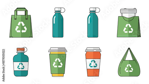 Eco-friendly reusable shopping bags and water bottles icons