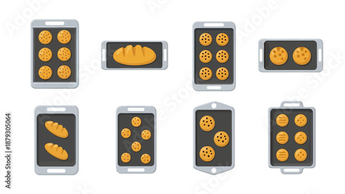 Baking Cookies and Bread on Baking Sheets, Flat Design