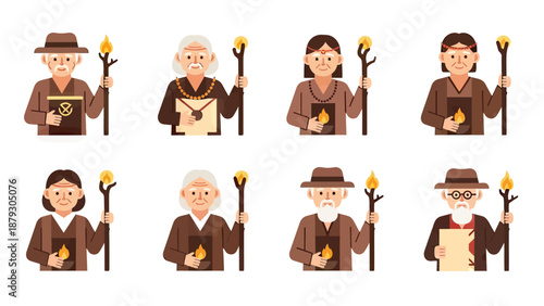 Diverse Elderly Characters Holding Torches and Books, Vector Art