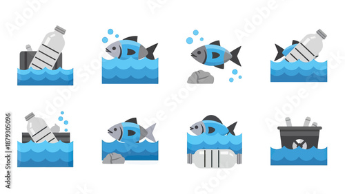 Ocean Pollution Icons: Fish and Plastic Waste in Water
