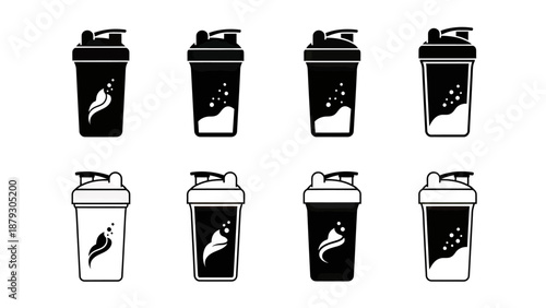 Fitness Shaker Bottle Icons Set - Black and White Designs