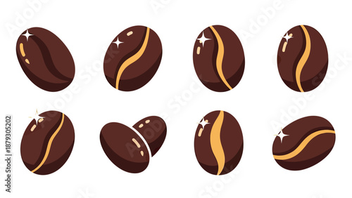 Collection of shiny coffee beans, isolated on white background, vector art