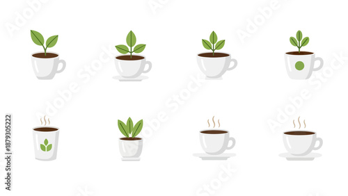 Green Sprouts in Coffee Cups and Pots Vector Set