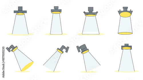 Set of Spotlight Icons with Light Beams and Shadows