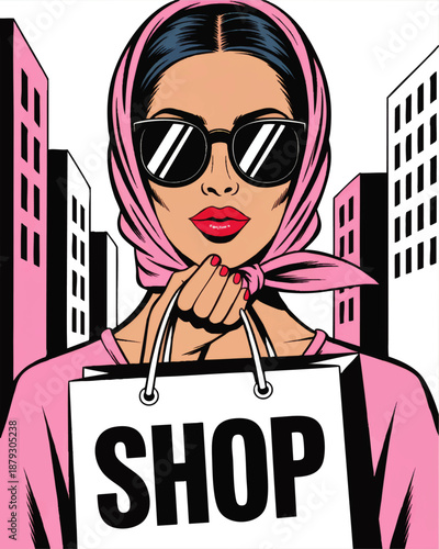 Fashionable woman with shopping bag in pink city, pop art style illustration for retail sale, beauty, lifestyle and shop promotion