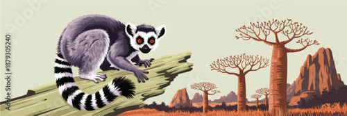 Ring tailed lemur on tree trunk in Madagascar savanna landscape with baobab trees and mountains, wildlife illustration banner