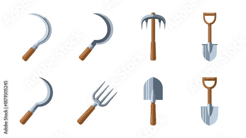 Farming Tools Set: Sickle, Fork, Hoe, and Shovel Icons