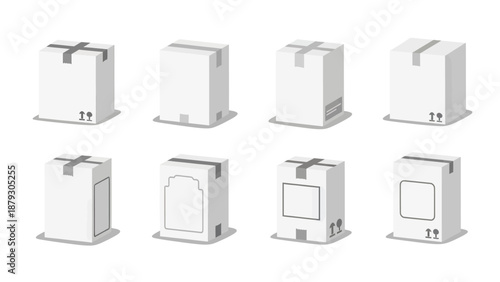 Collection of White Cardboard Shipping Boxes with Tape and Labels
