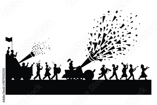 Silhouette band playing musical instruments with fireworks