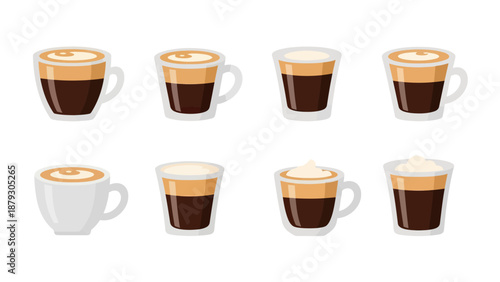 Set of Coffee Drinks in Glass and Ceramic Cups