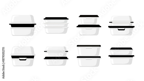 Collection of White Food Containers with Black Lids, Isolated