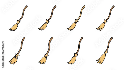 Set of Flying Broomsticks with Wooden Handles on White Background