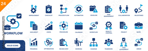 Workflow icon. Includes process flow, checklist, steps, diagram, project. Solid vector icons collection.