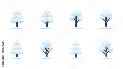 Set of Winter Trees Covered in Snow, Flat Design