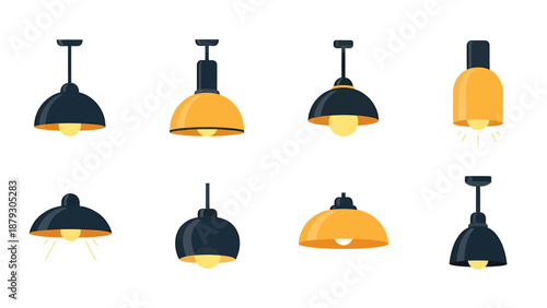 Set of Industrial Pendant Lamps with Yellow and Dark Blue Tones