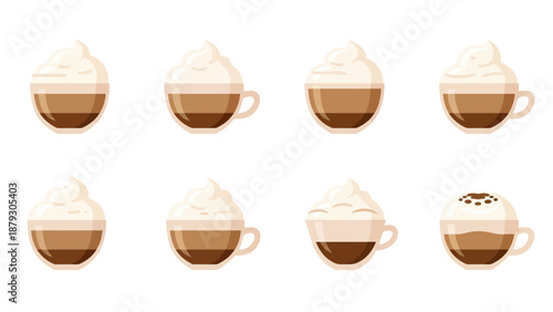 Set of Coffee Drinks with Whipped Cream and Foam
