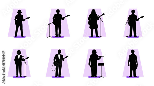 Musician Silhouettes with Guitars and Microphones