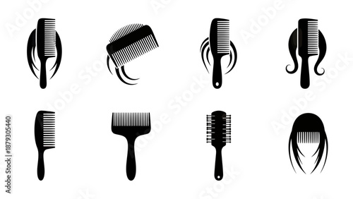Hairdressing Tools Collection: Combs and Brushes Silhouettes