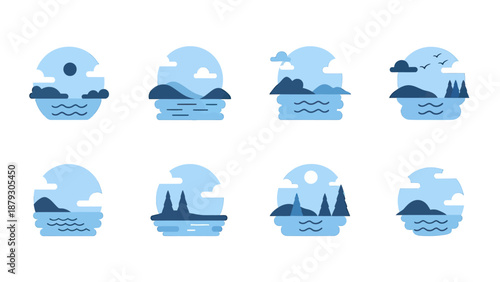 Serene Ocean and Island Landscapes in Flat Blue Tones