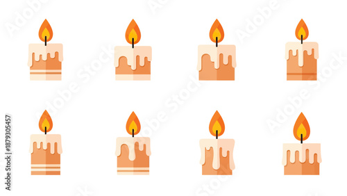 Set of Melting Candles with Orange Flames and White Drips